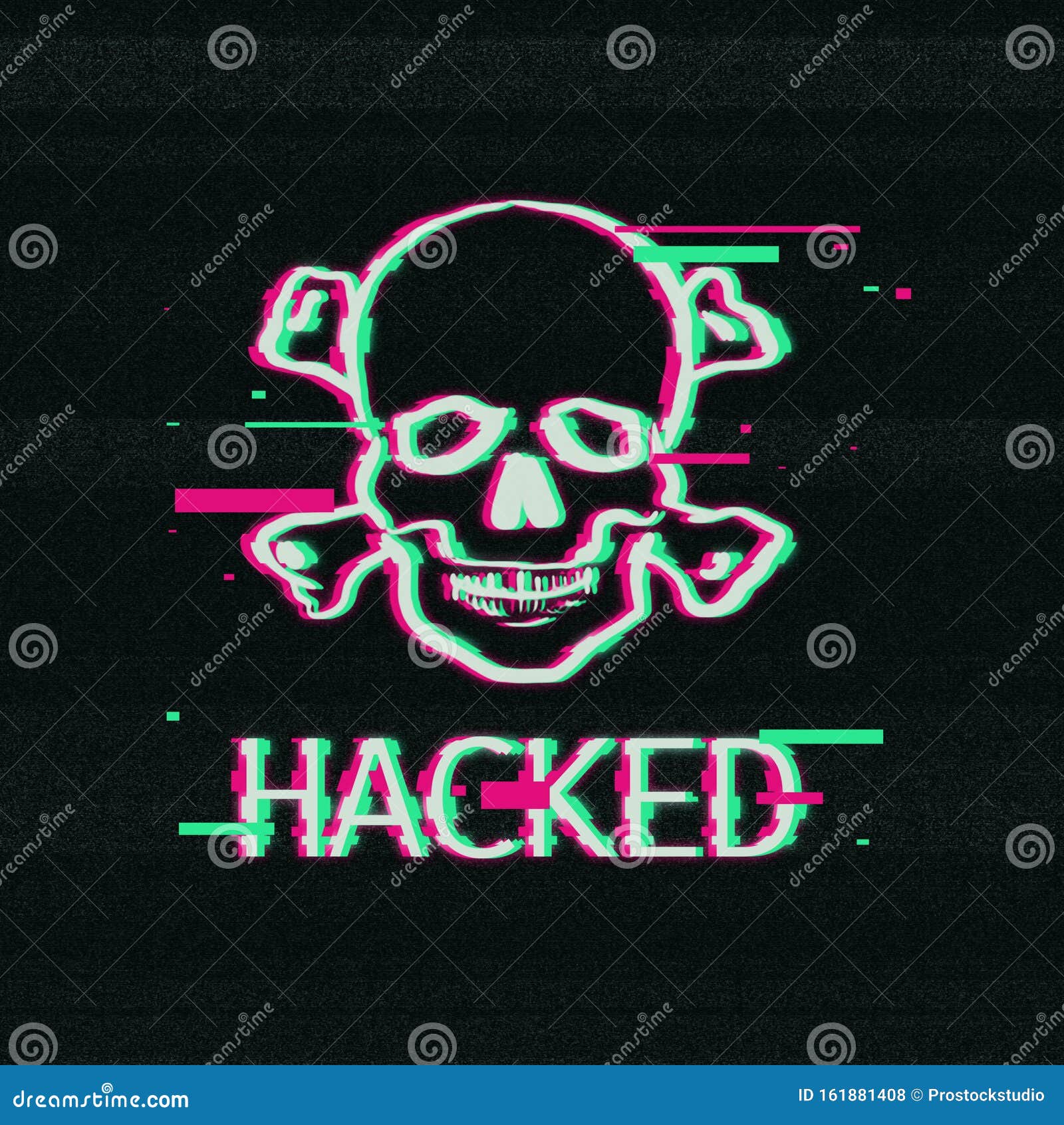 Skull and Bones Illustration in Glitch Style on Dark Background Stock