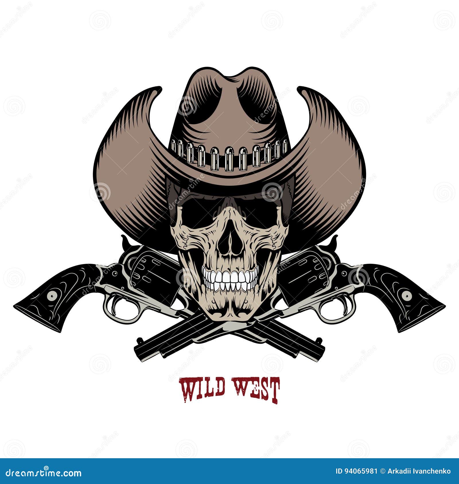 Skull in Cowboy Hat and Two Crossed Gun Stock Vector - Illustration of ...