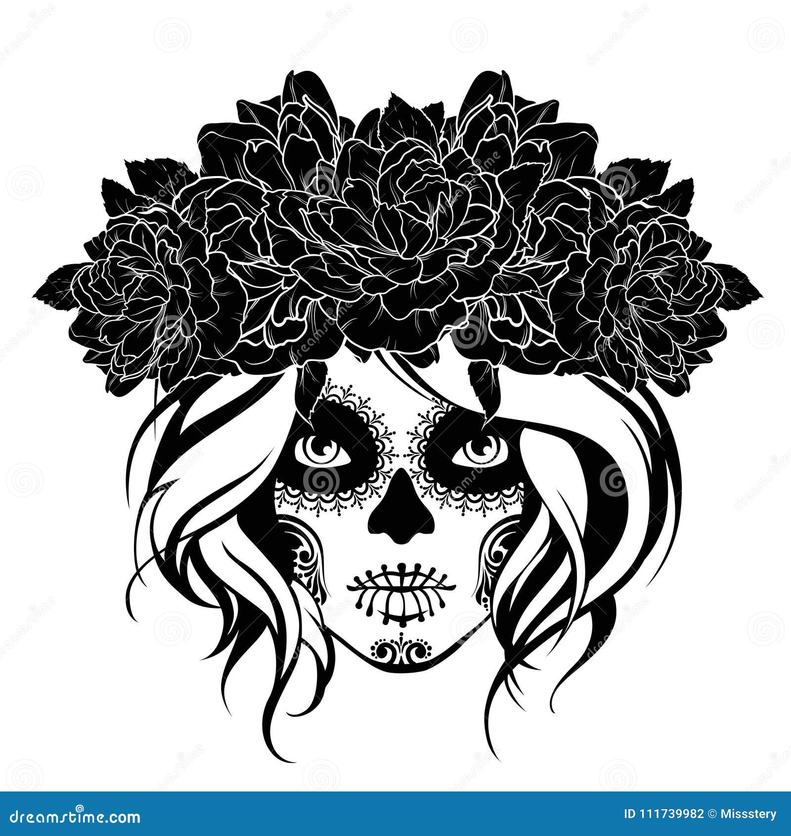 skull girl in a flower wreath. black and white .