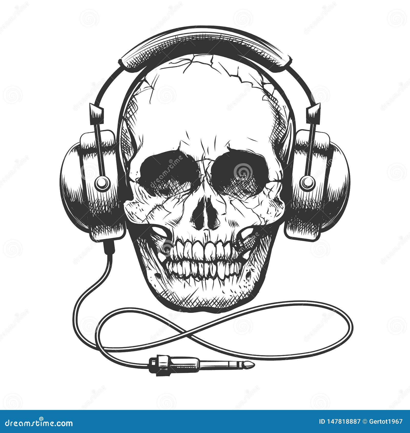 Skull with Headphones stock illustration. Illustration of hand - 147818887