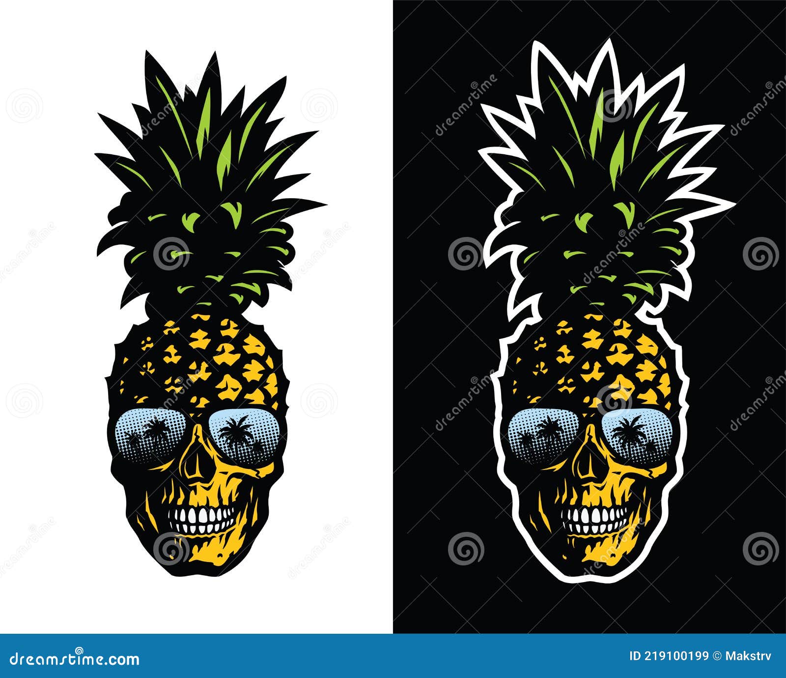 Skull Pineapple in Sunglasses on a Light and Dark Background. Vector