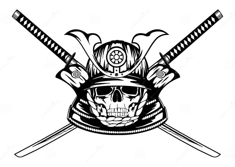 Skull in Samurai Helmet and Crossed Katanas Stock Vector - Illustration ...