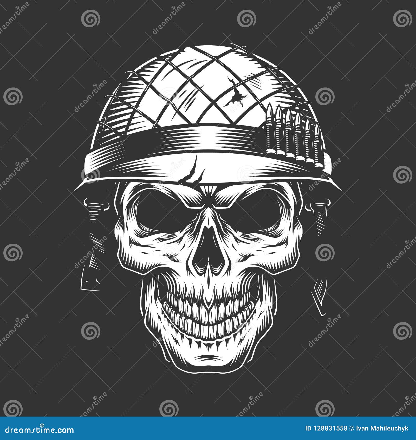 tactical warrior skull and military helmet in white begrouynd