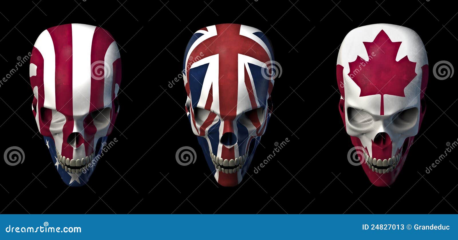 Skulls flags. 3D rendered set of skulls with USA, UK and Canadian flag