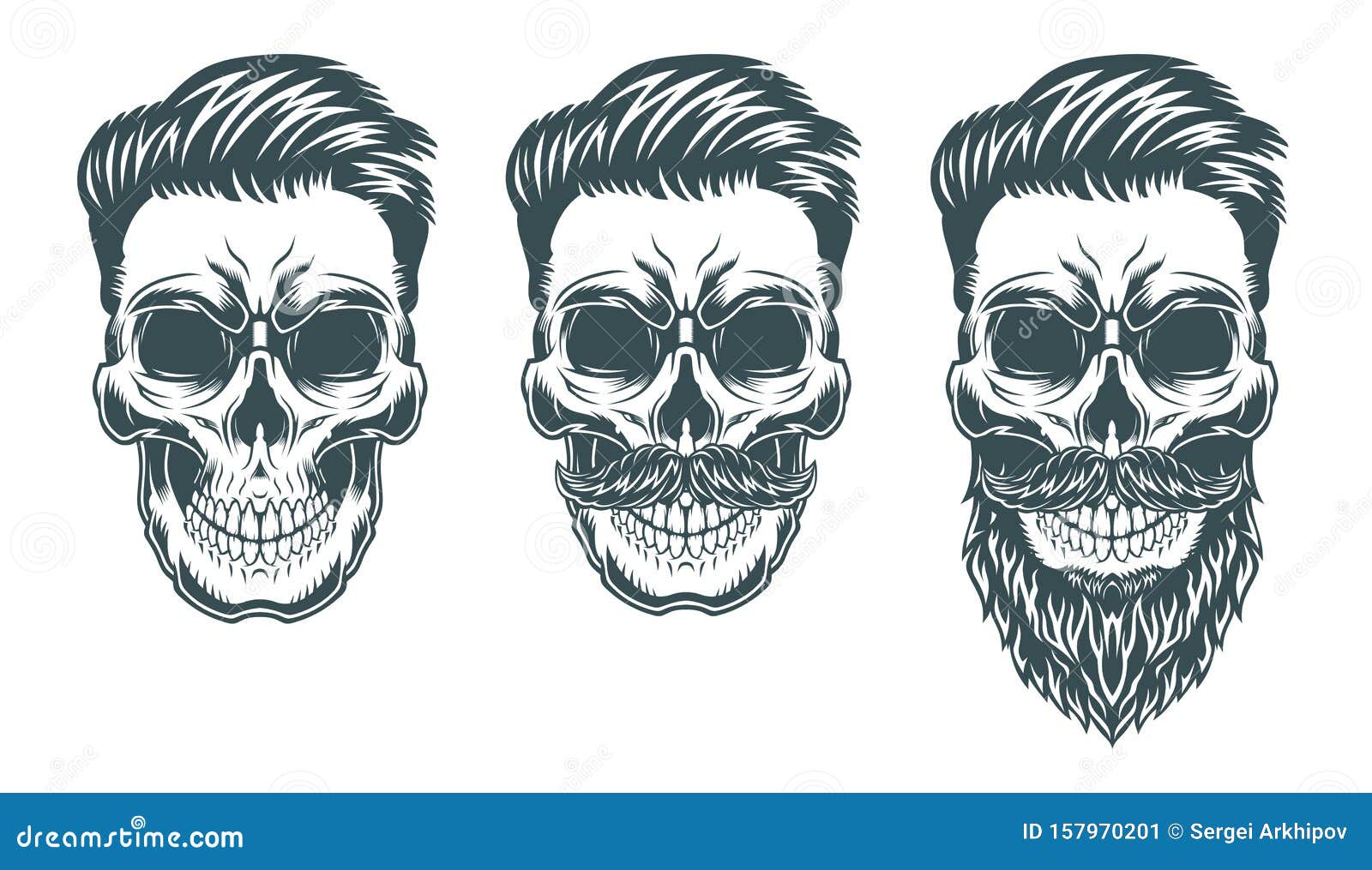 Skulls with Hipster Hair, Mustache and Beards. Stock Vector - Illustration  of label, hair: 157970201