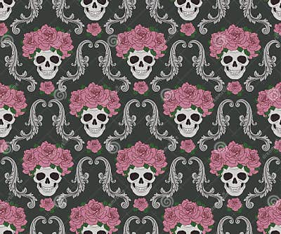 Skulls and Roses Damask Pattern Stock Vector - Illustration of design ...