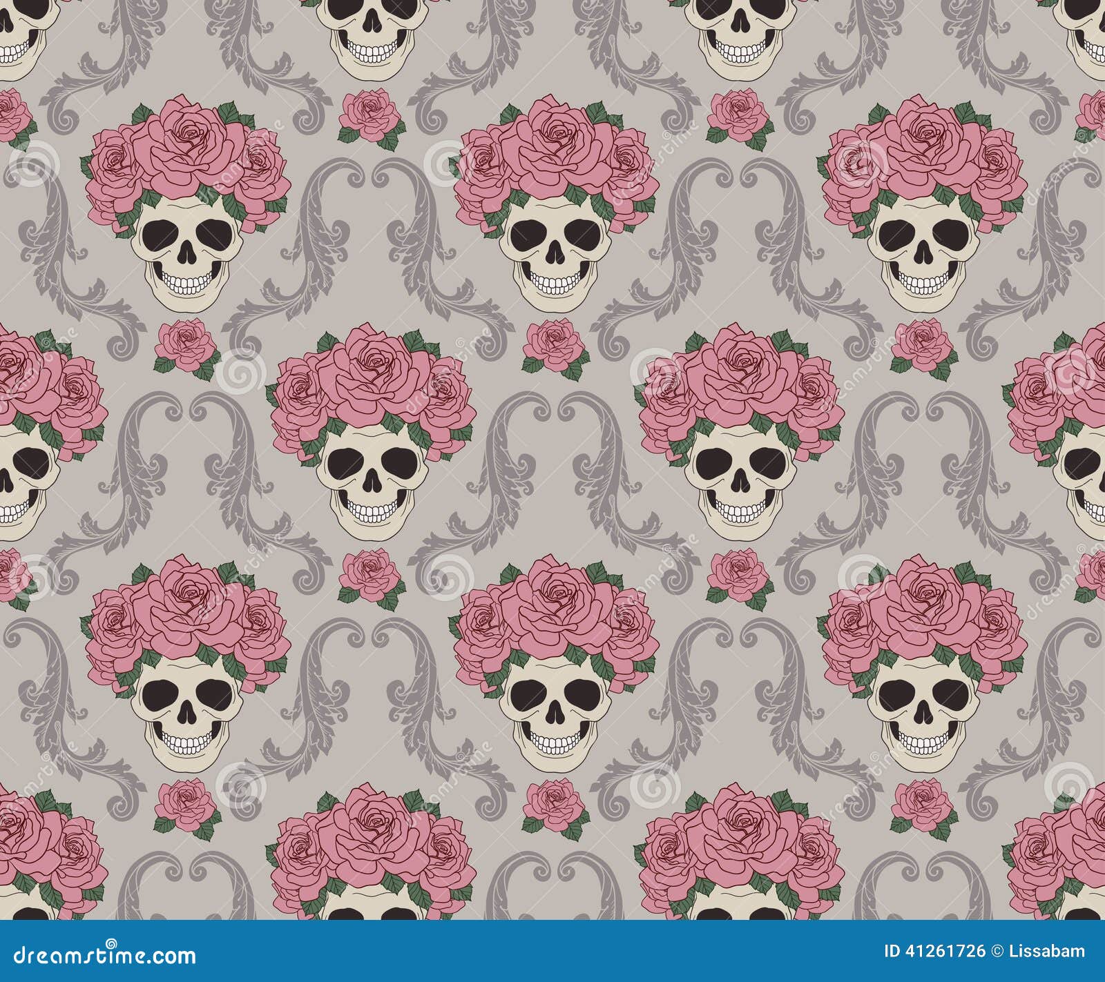 Skulls and Roses Damask Pattern Stock Vector Illustration of flower