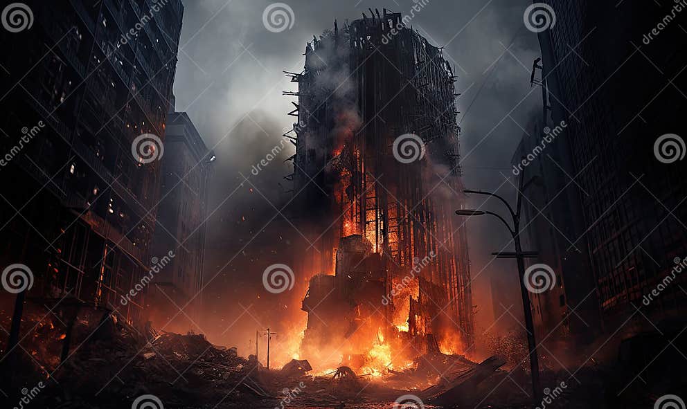 Sky-high Fire and Smoke Envelop a Skyscraper. AI Generative Stock ...