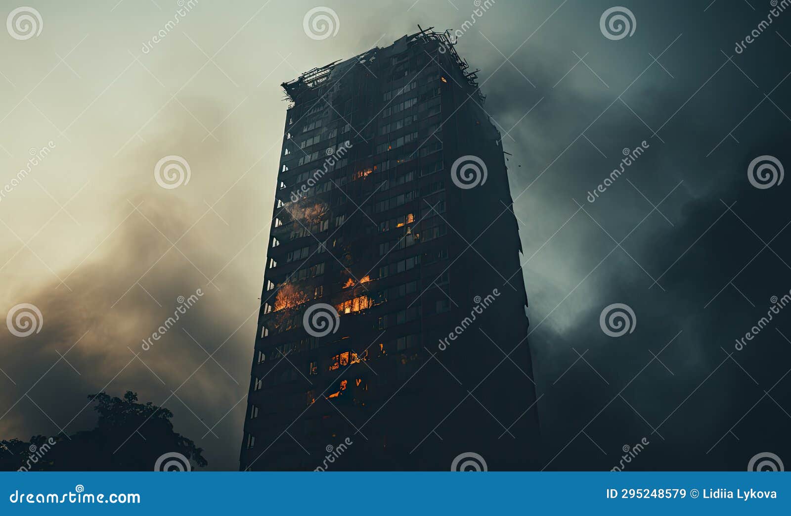 Sky-high Fire and Smoke Envelop a Skyscraper. AI Generative Stock ...