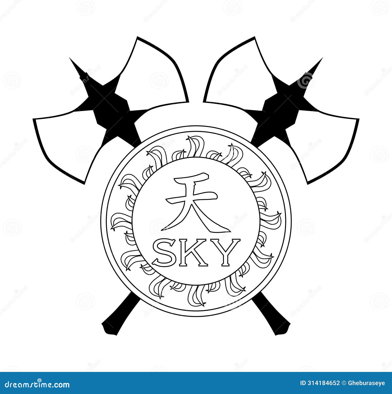 sky ideogram with double axes, black and white, fantasy, .