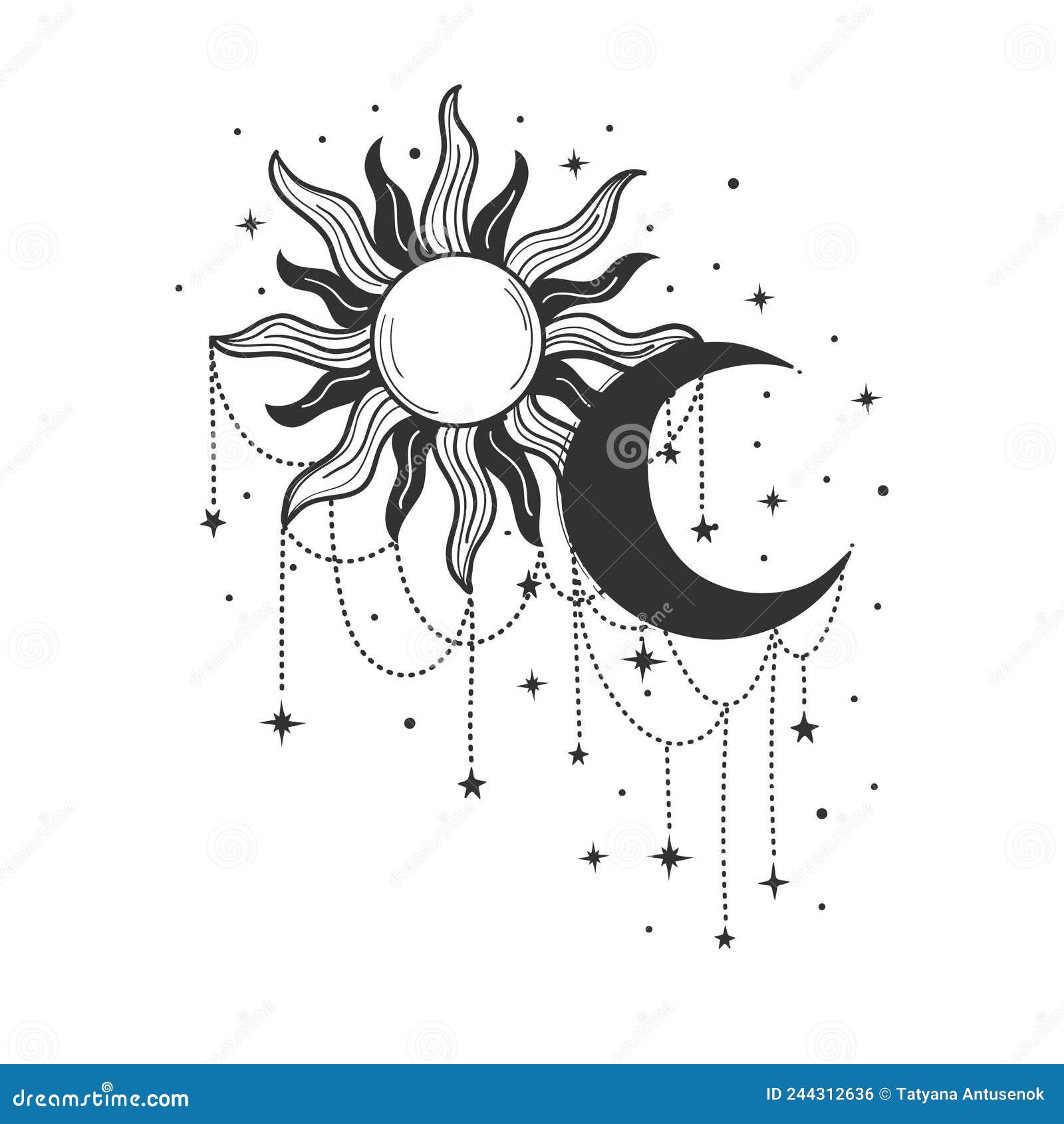 sky print print, sun and crescent moon with bead and star embellishments.    on white