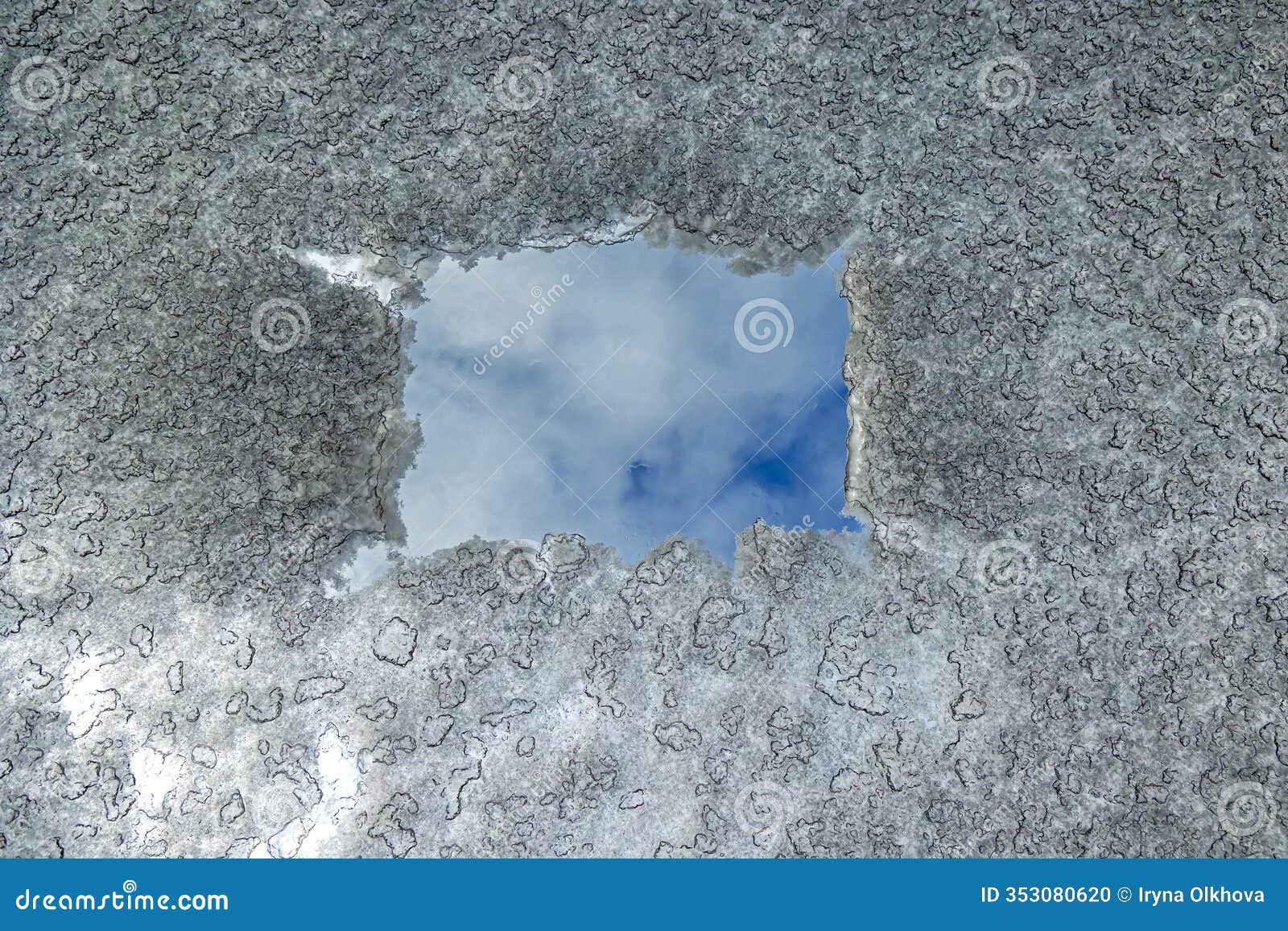 sky reflection through ice opening. a patch of blue sky and clouds reflected in a water hole surrounded by textured