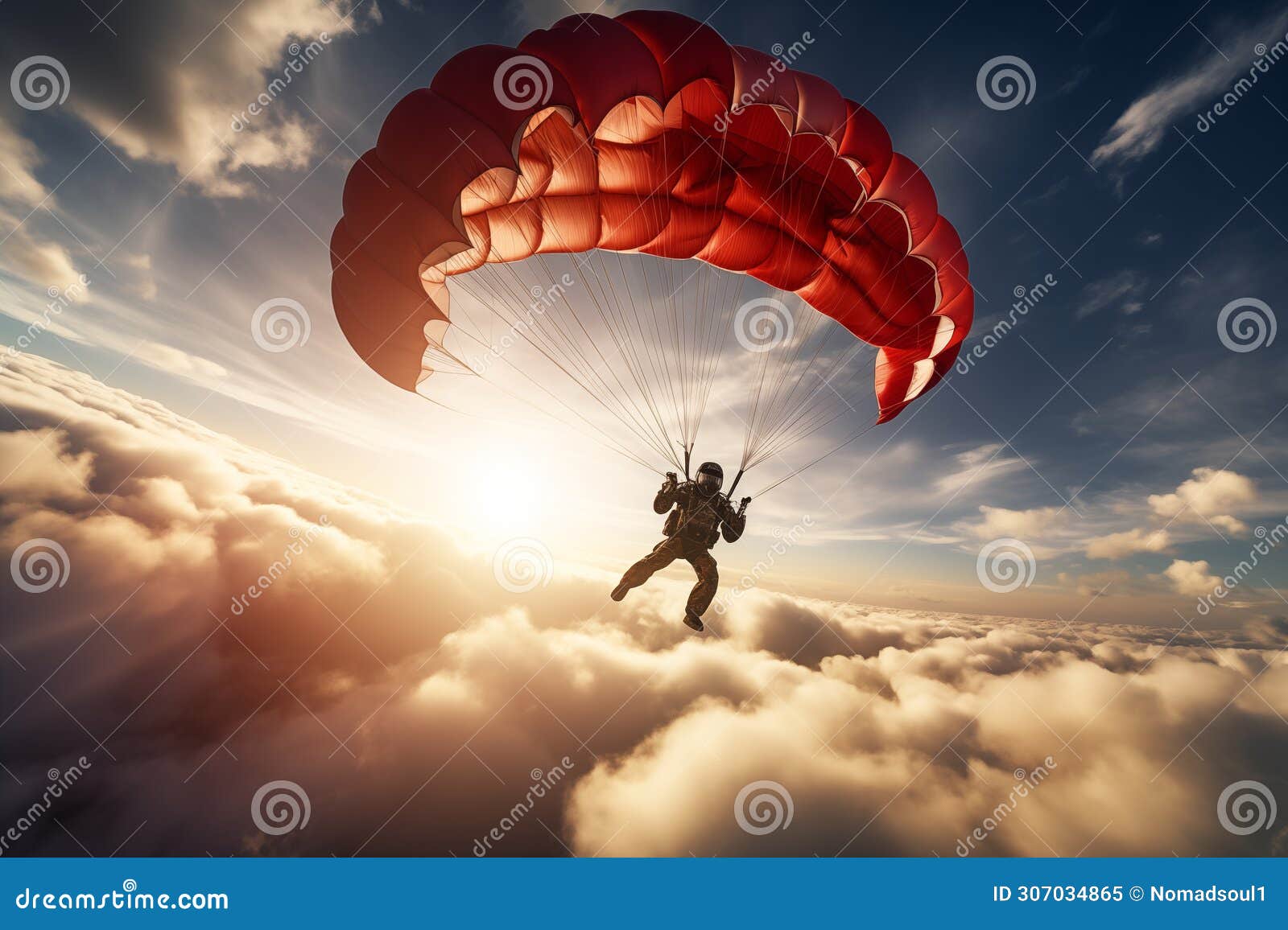 skydiver gracefully descending with an open parachute, against a backdrop of clouds. generative ai