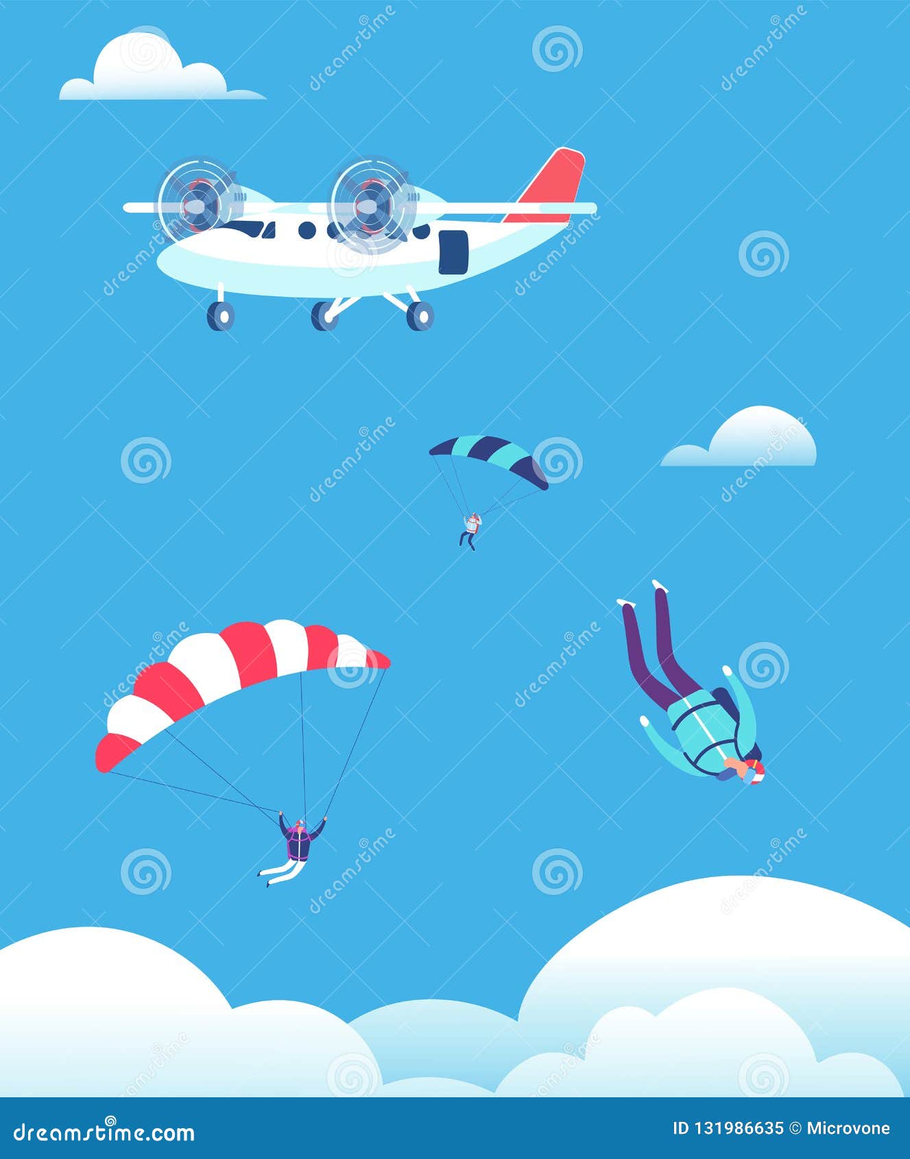 skydiving concept. parachutists jumping out of plane in blue sky. people skydivers  