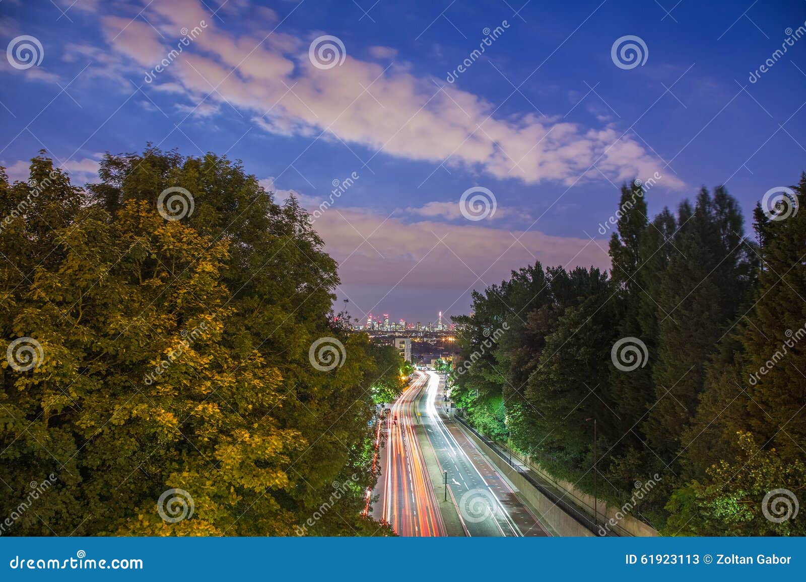 skyline of central london after sunset from holloway bridge, uk