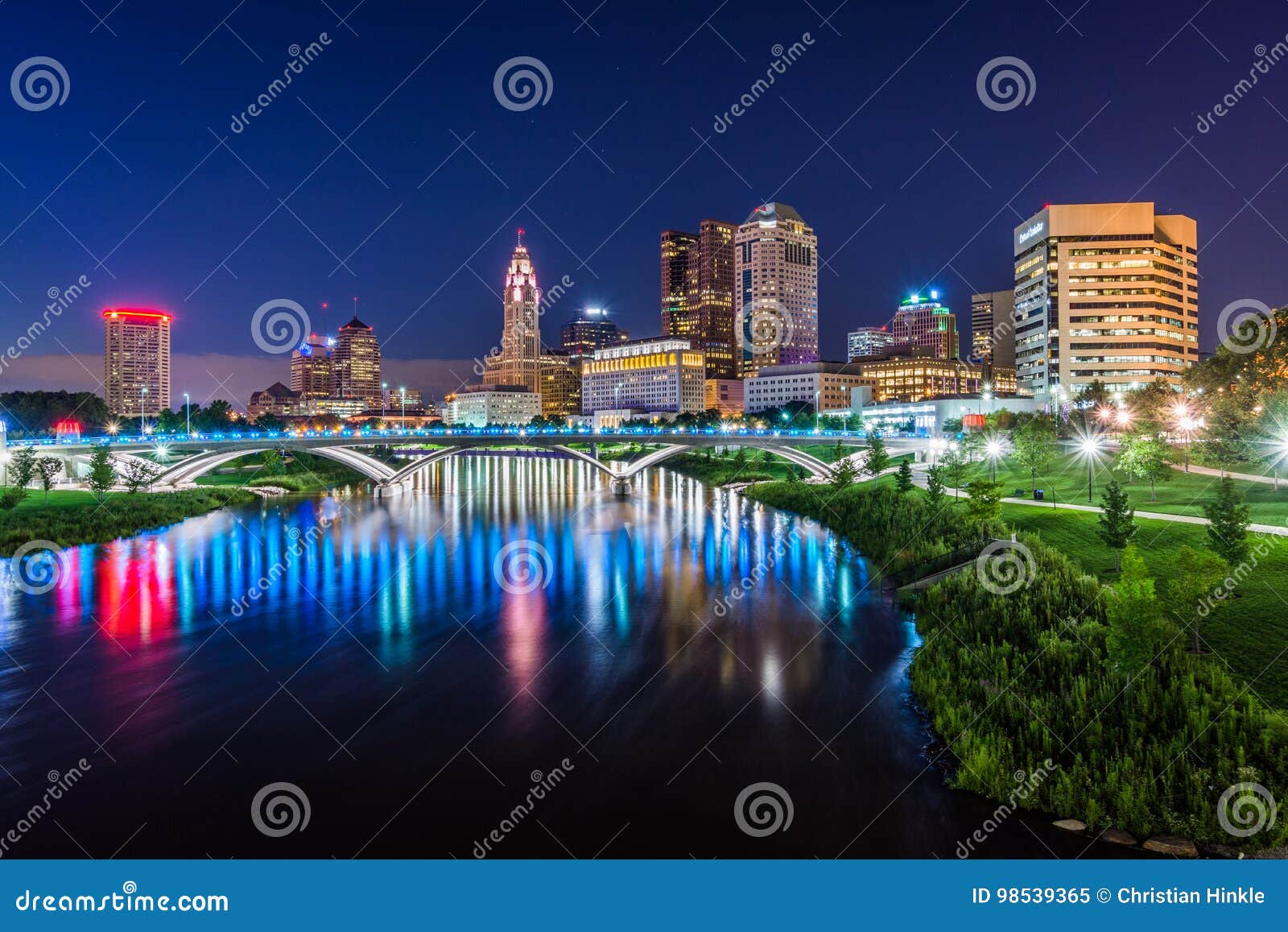 Skyline of Columbus, Ohio from Bicentennial Park Bridge at Night