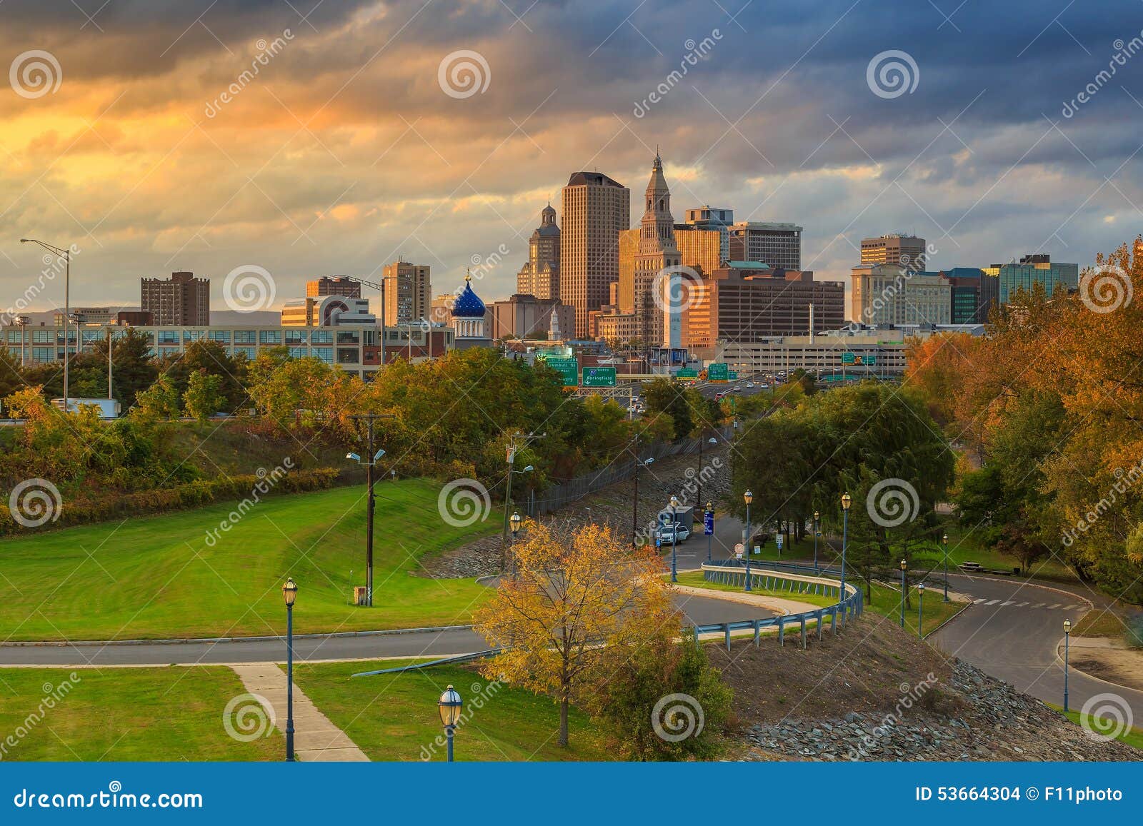 skyline of downtown hartford, connecticut from above charter oak