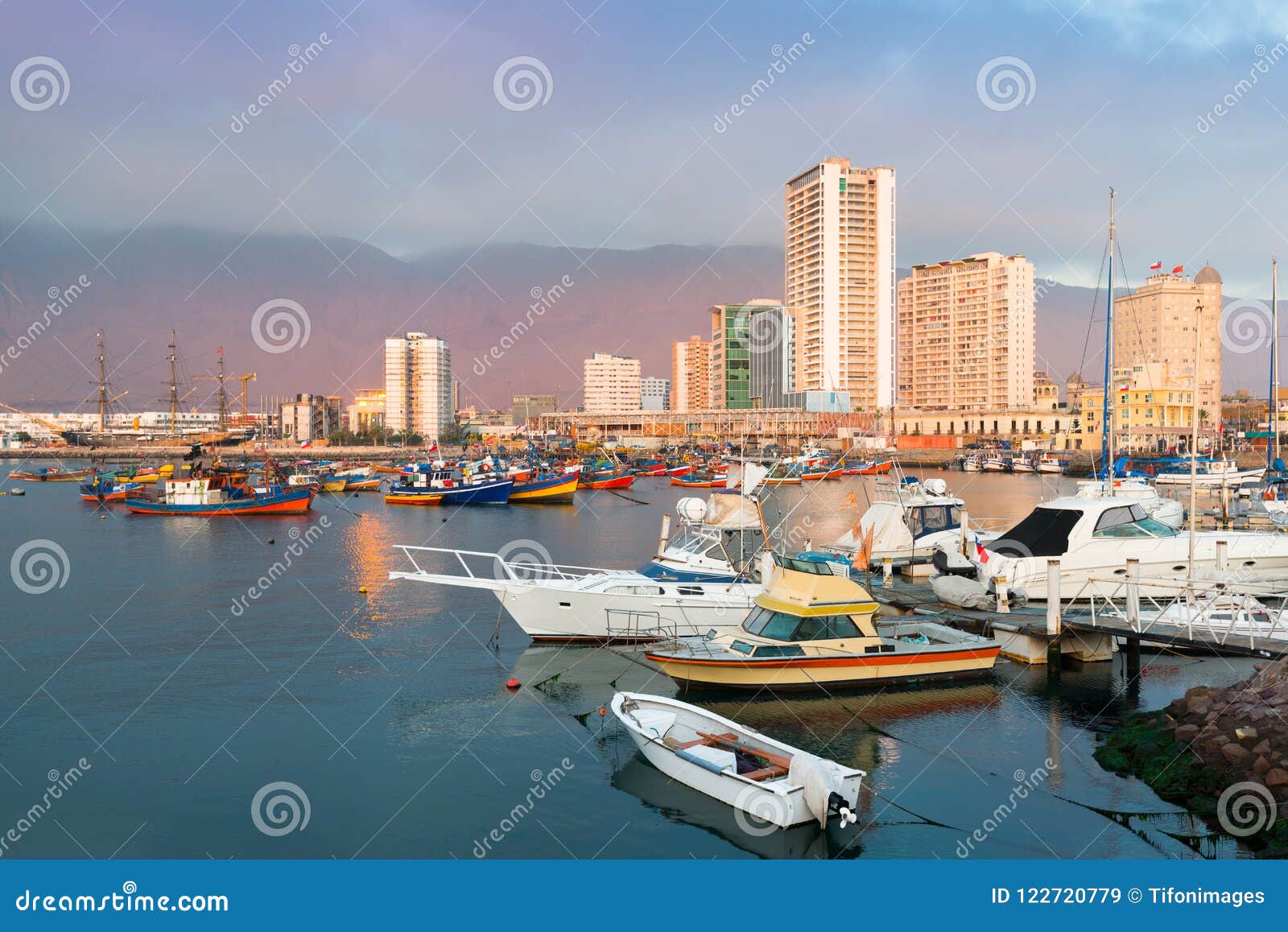 skyline of downtown and marina of iquique from the port