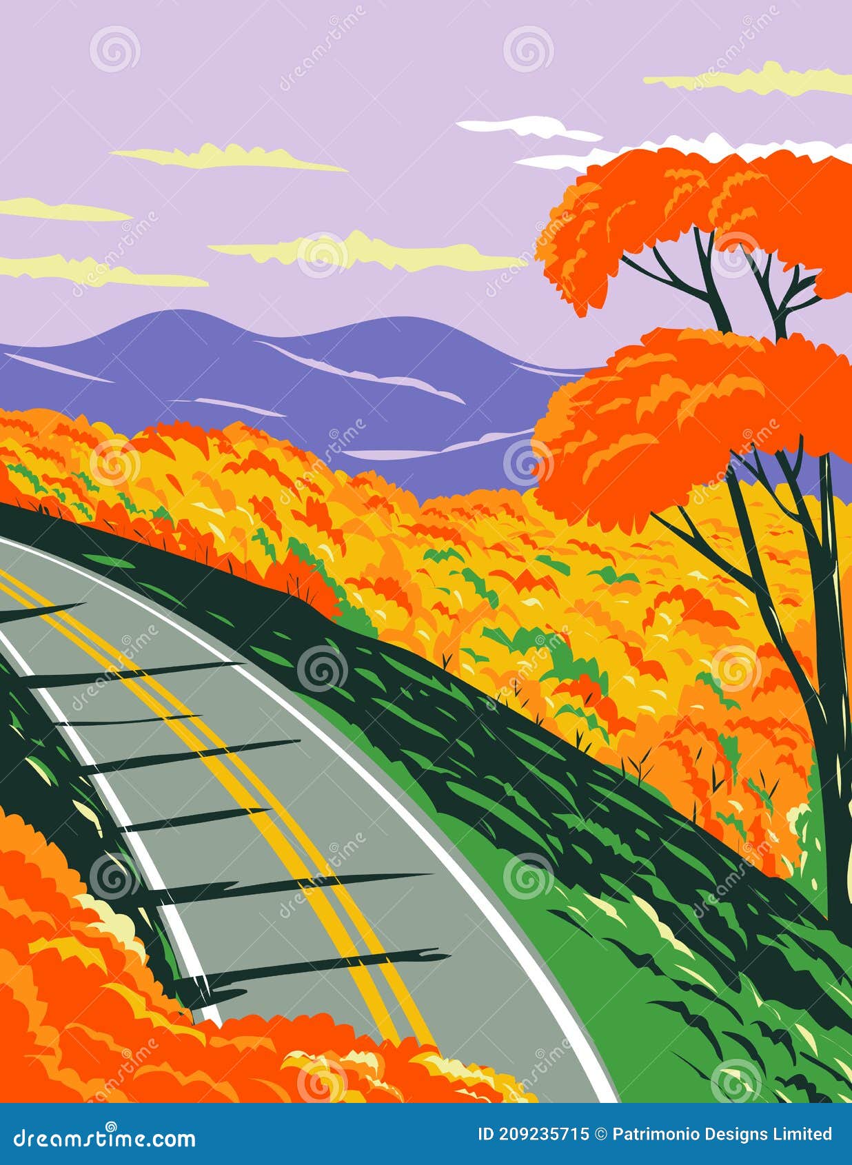 skyline drive at the shenandoah national park with the blue ridge mountains during fall in virginia wpa poster art