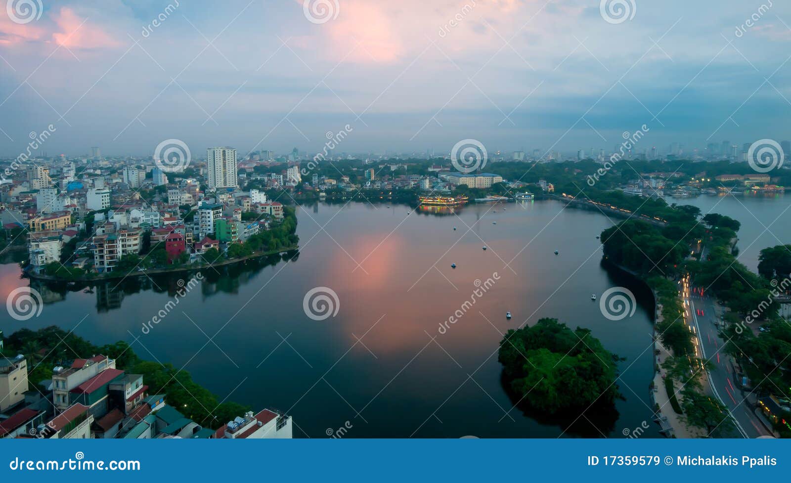 skyline of hanoi  and joan kiem lake vietnam asia on sunset