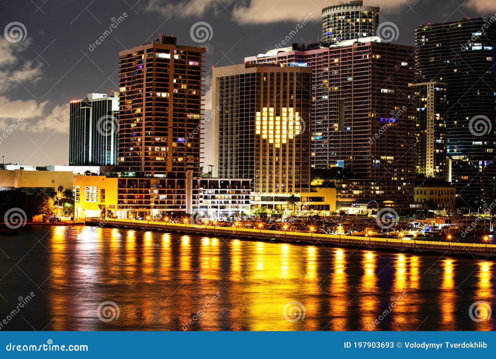 Skyline of Miami Biscayne Bay Reflections, High Resolution. Miami Night