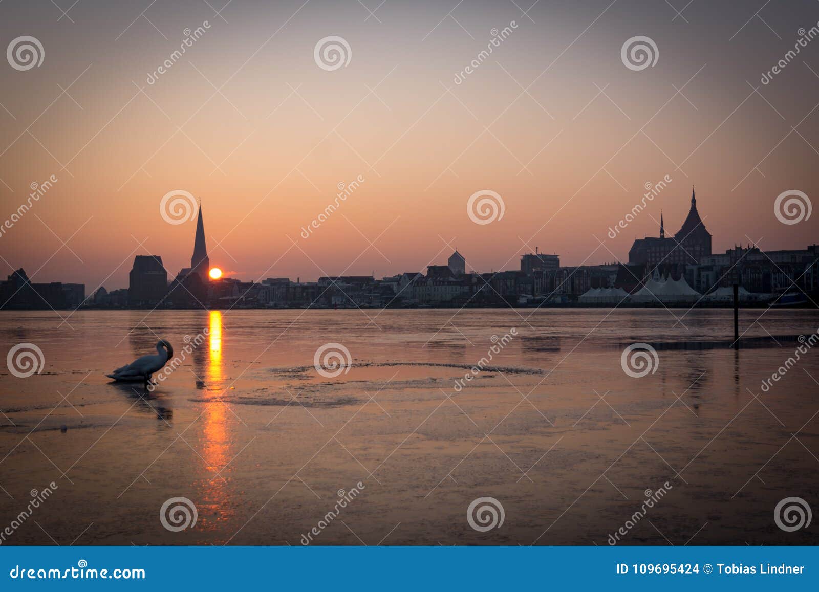 Skyline of Rostock at Sunrise Stock Photo - Image of winter, sunset