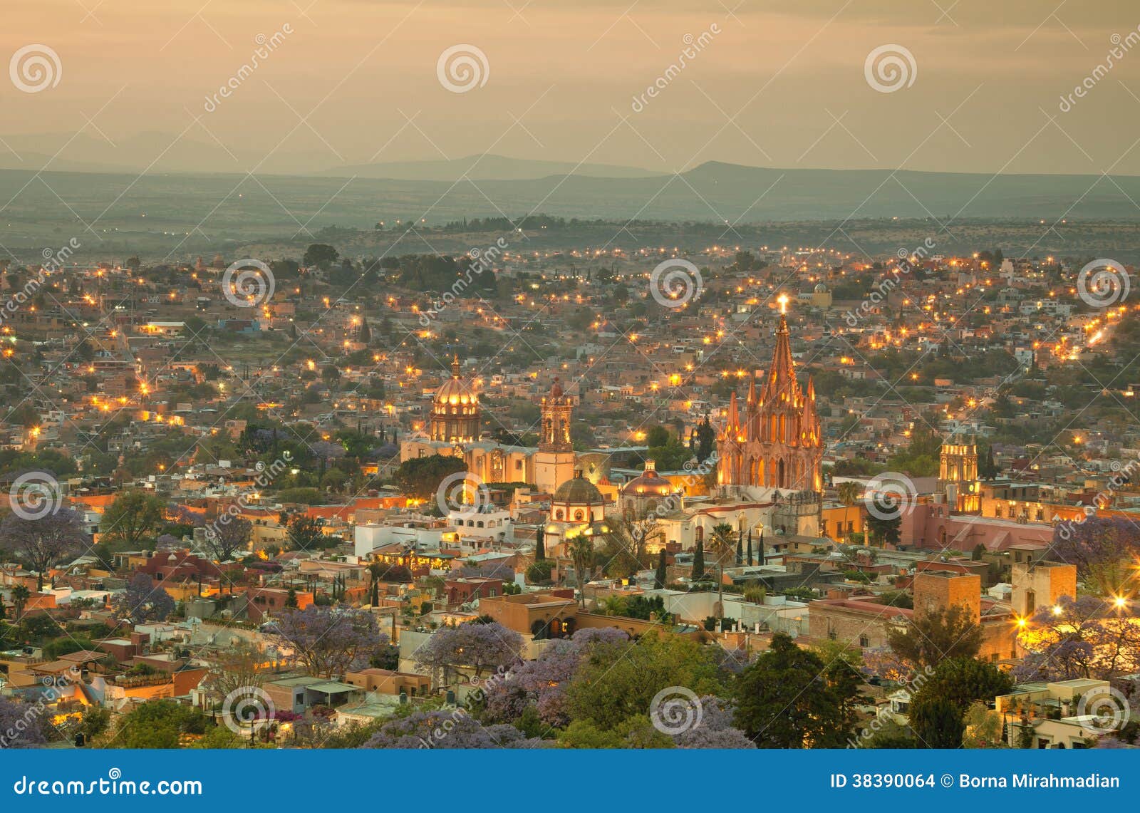 skyline of san miguel de allende in mexico after sunset