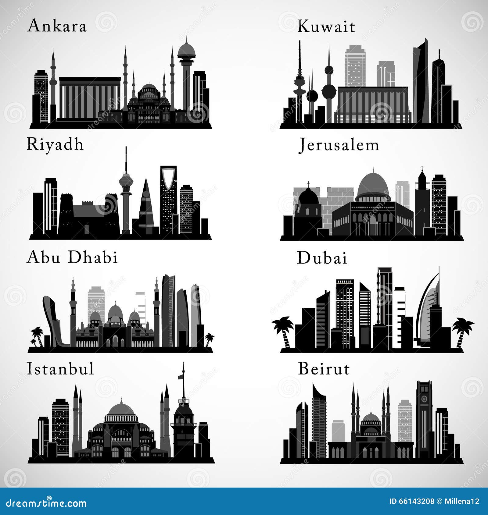 Skylines das cidades de Médio Oriente ajustadas Silhuetas do vetor dos marcos de Médio Oriente. Skylines das cidades de Médio Oriente ajustadas Marcos de Médio Oriente