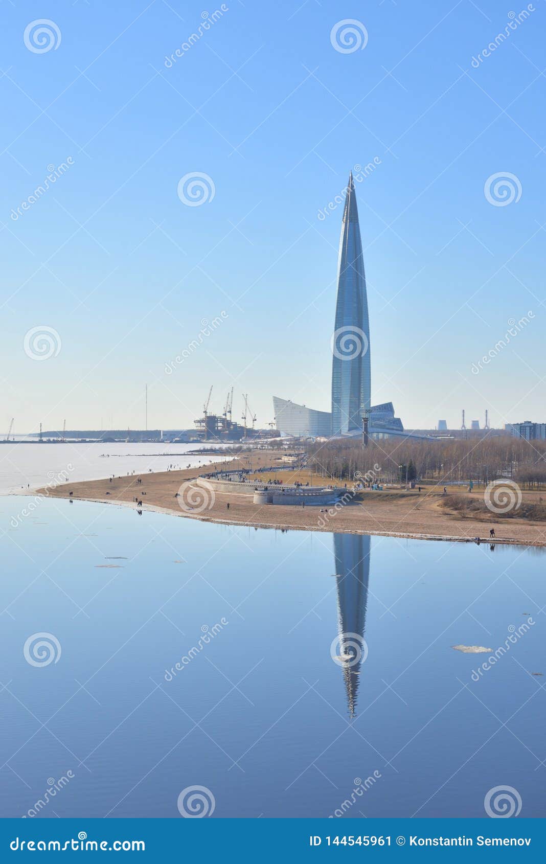 skyscraper lakhta center on coast of frozen baltic sea