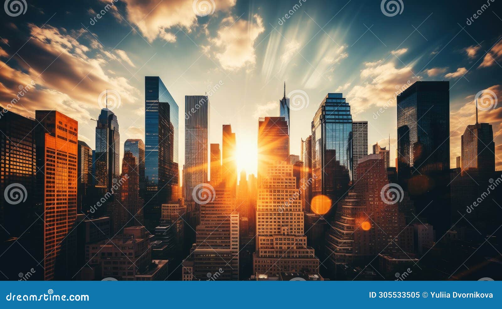 skyscrapers of megacity at sunset. business life of a big city. bottom view. urbanistic modern landscape. generative ai