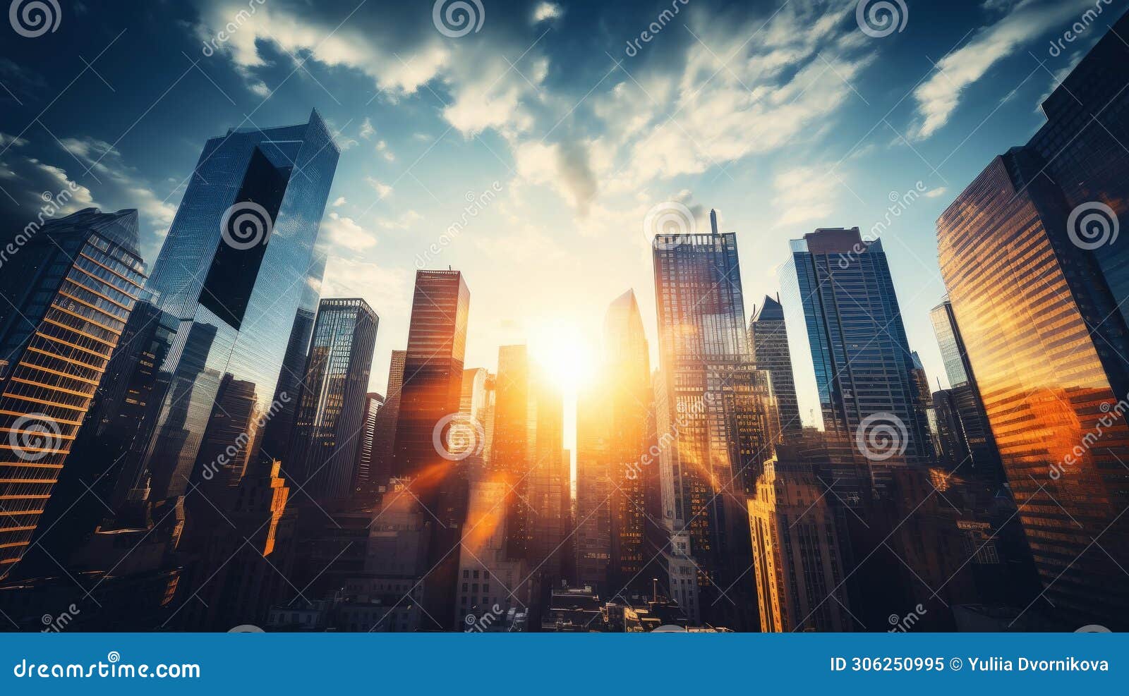 skyscrapers of megacity at sunset. business life of a big city. bottom view. urbanistic modern landscape. generative ai