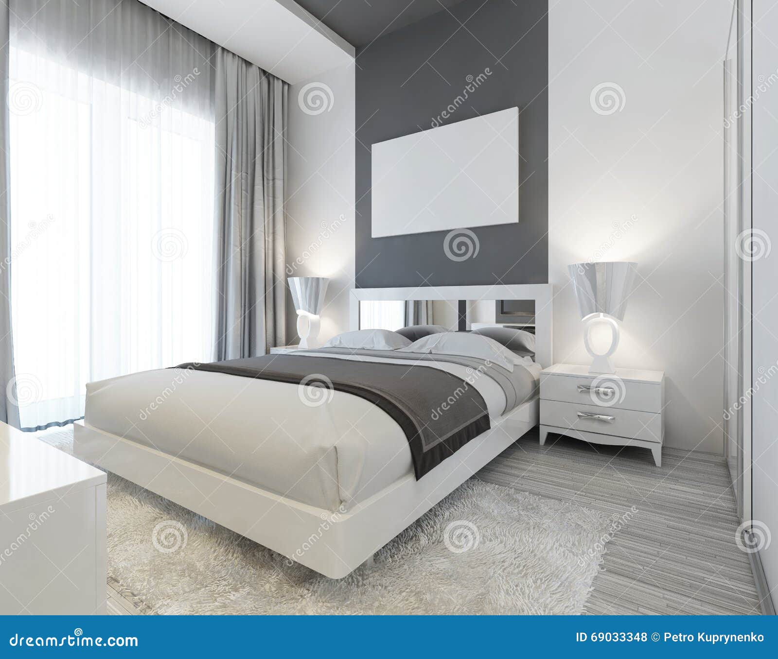 Slaapkamer in art deco stijl in witte en grijze kleuren stock ...