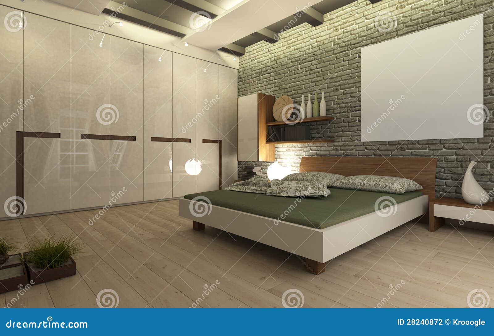 Slaapkamer met bakstenen muur stock fotografie afbeelding: 28240872