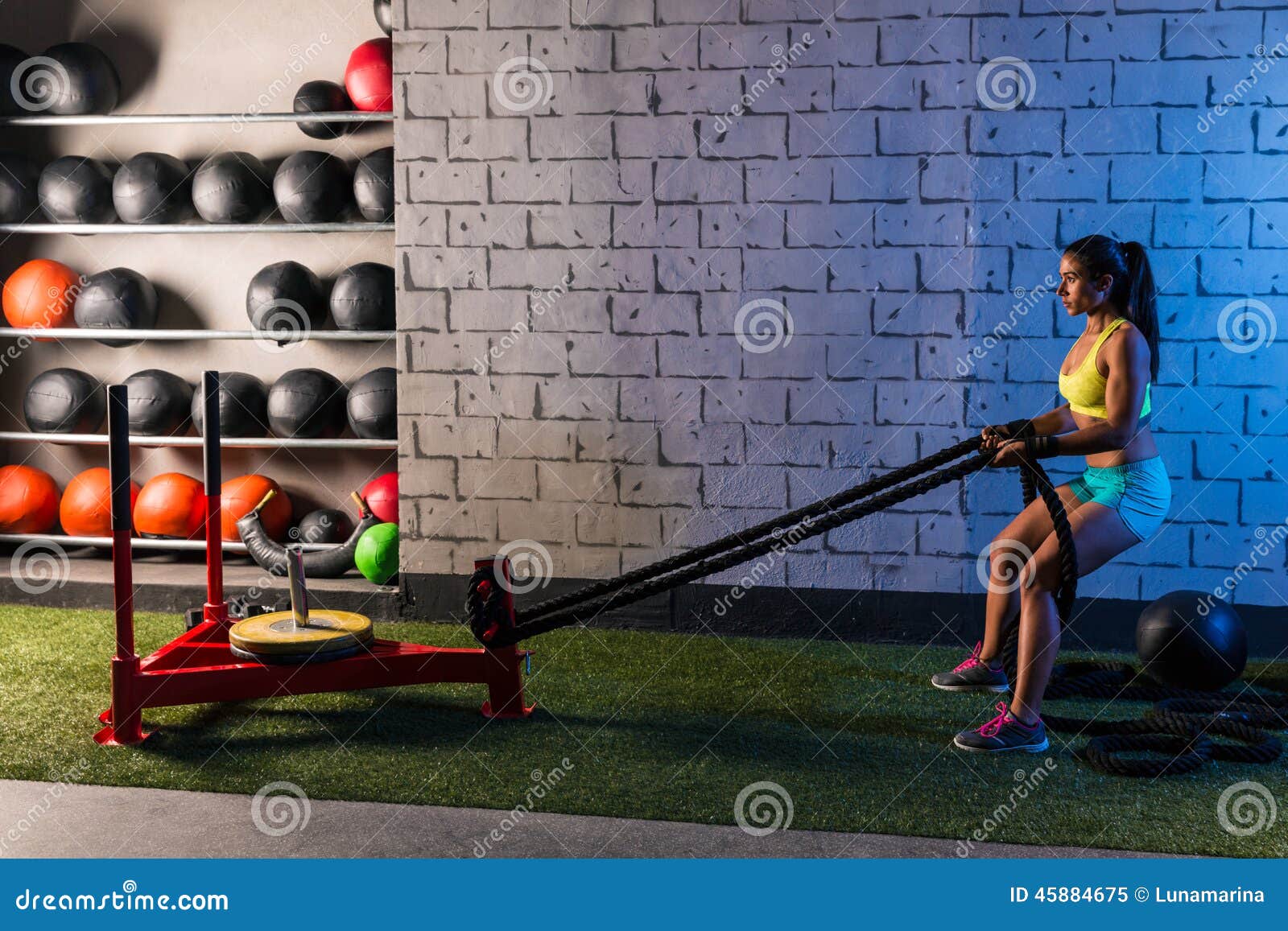 Sled Rope Pull Woman Pulling Weights Workout Stock Image - Image of  athletic, attractive: 45884675