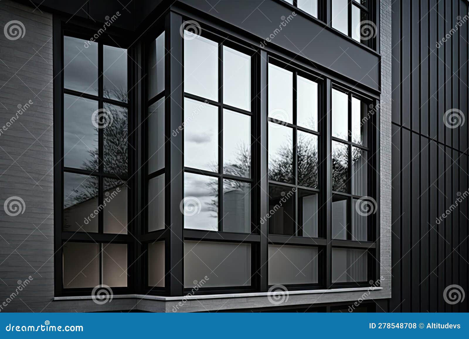 Sleek, Aluminum Windows with Black Frames and White Sills Stock