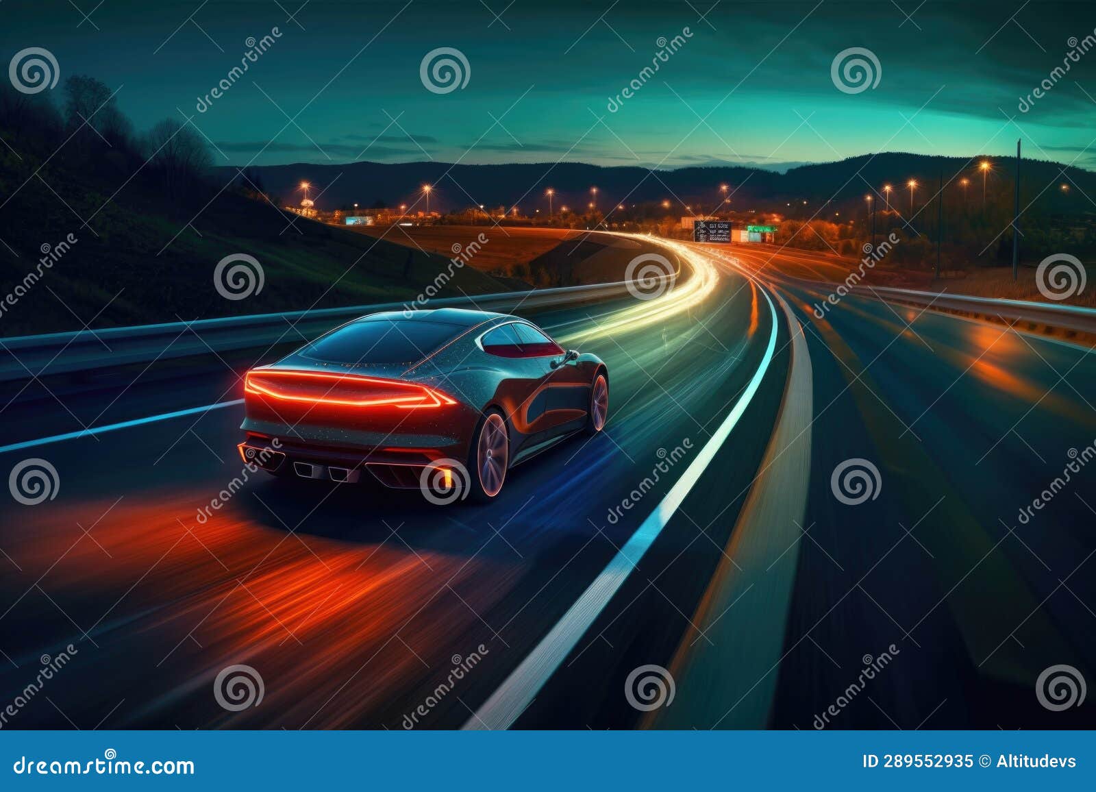 Sleek Autonomous Car Gliding on Illuminated Highway Stock Image Image