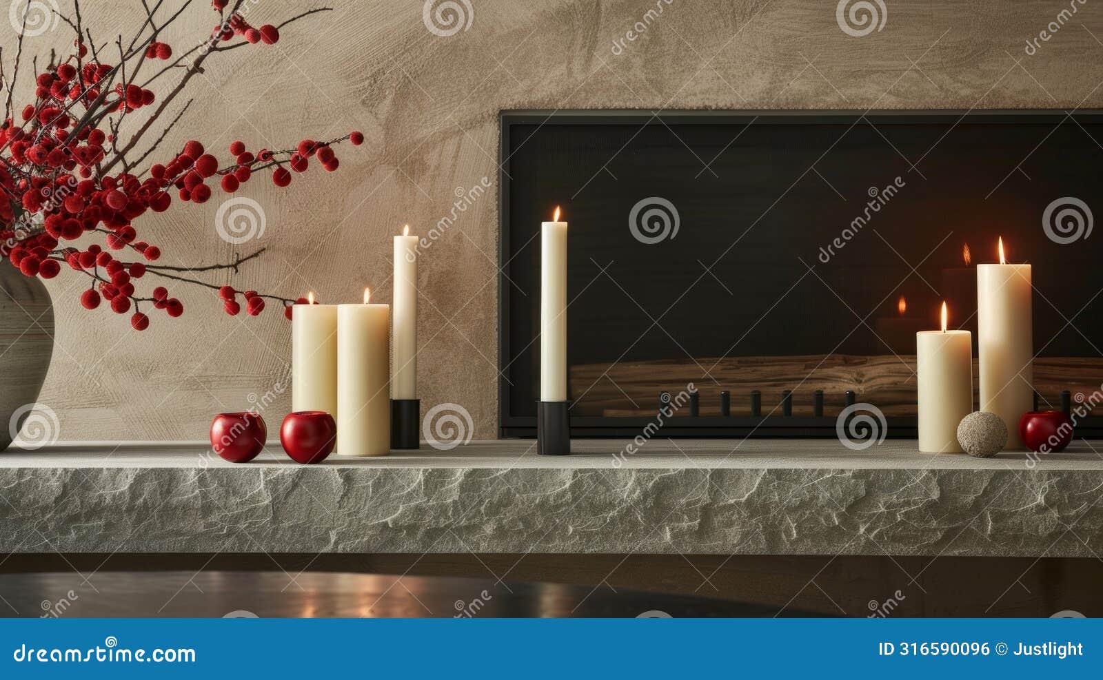 the sleek and contemporary style of a mantle with sleek taper candles creating a harmonious look. 2d flat cartoon