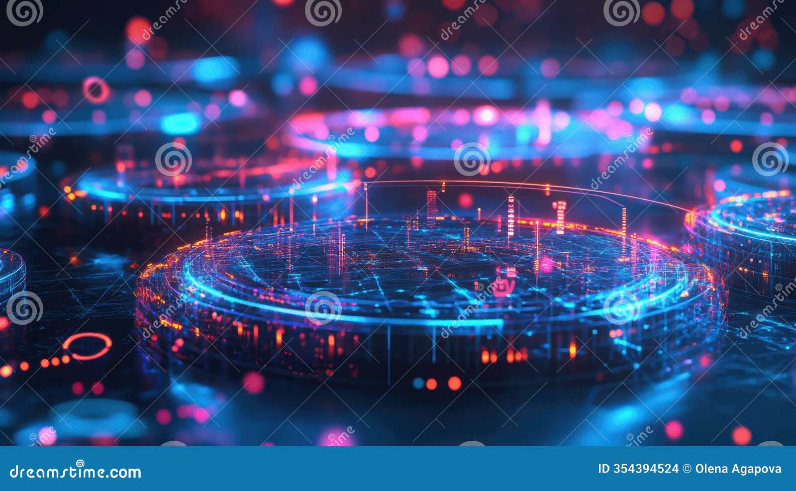a sleek 3d abstract techno  with a mystical database, glowing neon light, and dynamic geometrical s