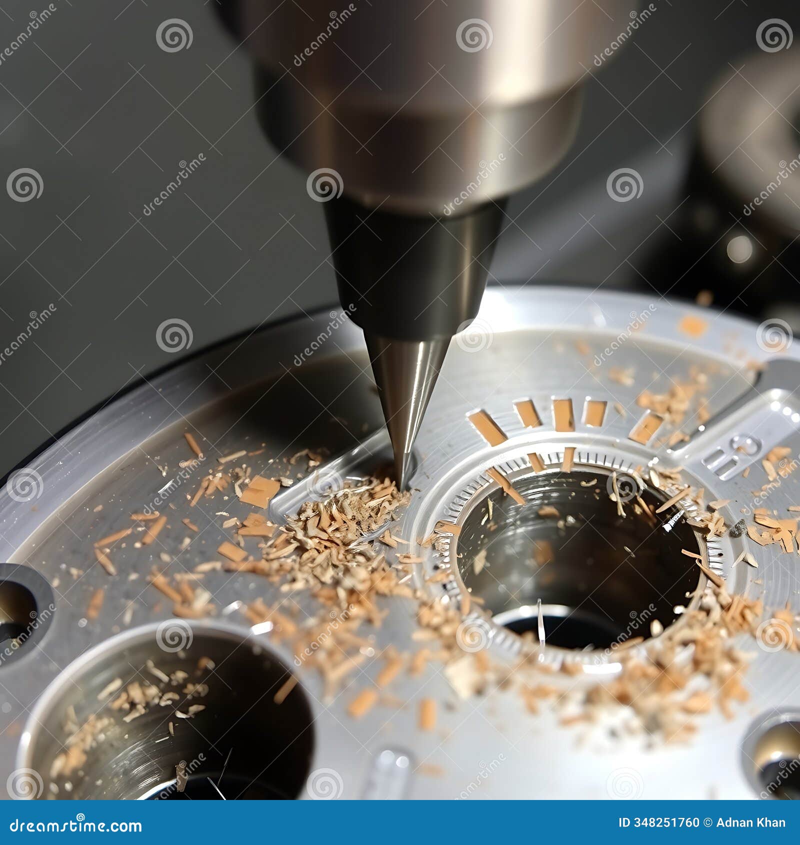 a sleek deburring tool in the process of refining an intricate metal part with the sharp edges and metal shavings visible in the