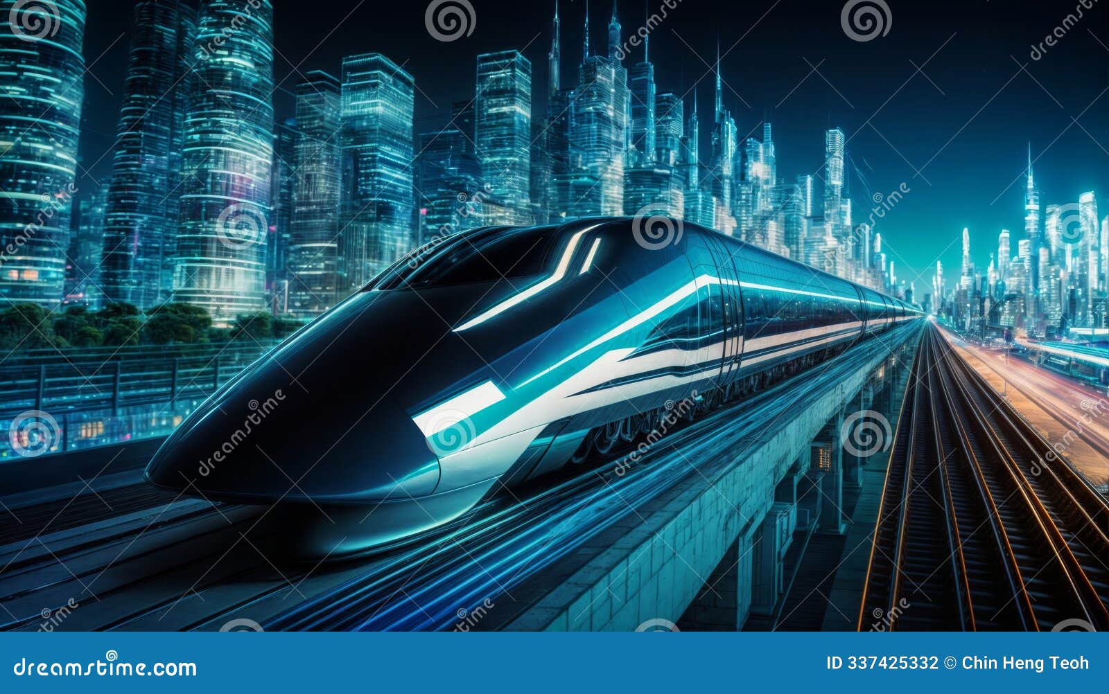 a sleek, futuristic bullet train zooms through a modern, illuminated cityscape at night, representing advanced transportation