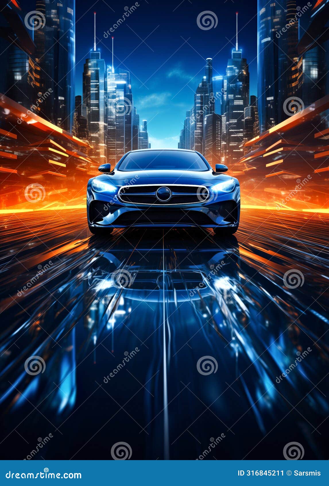 a sleek futuristic car speeds through a vibrant urban nightscape, with a sense of motion and advanced technology