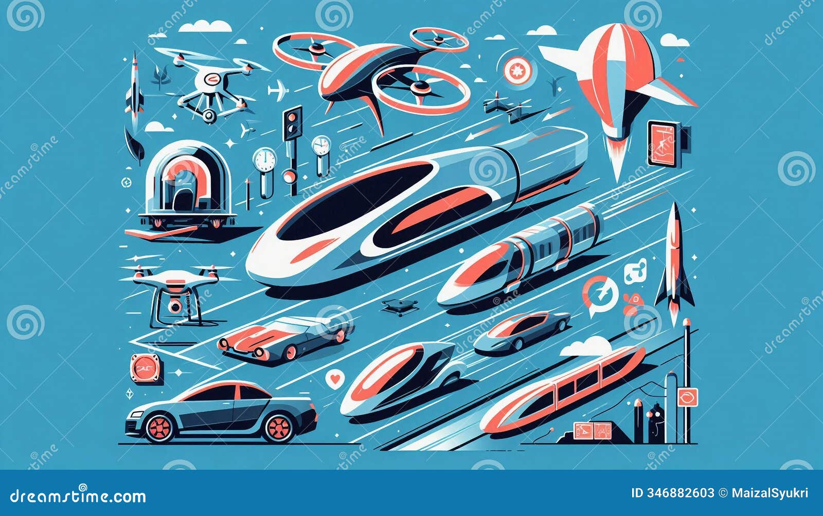 sleek futuristic  featuring drones, evs, and advanced transport systems.
