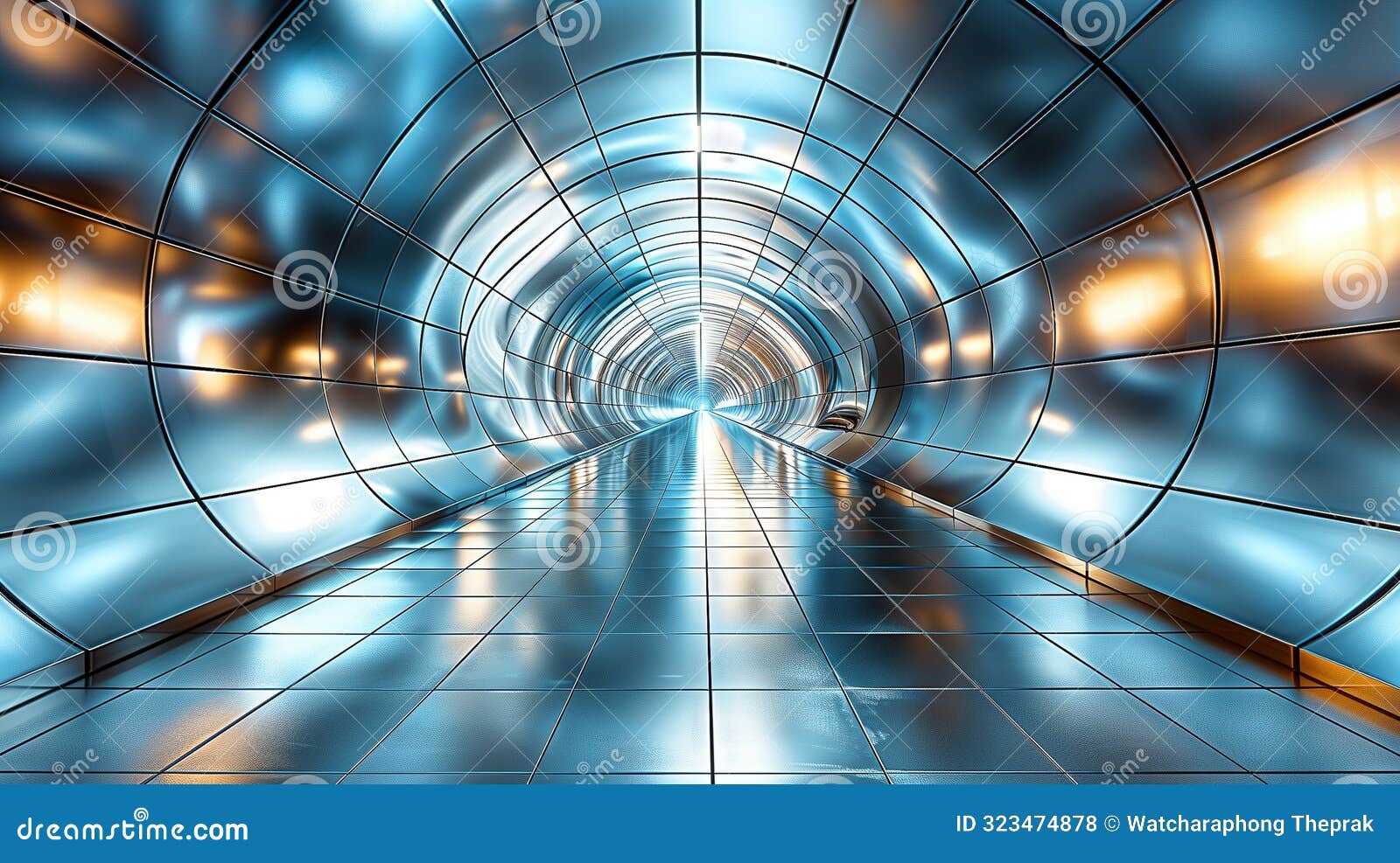 a sleek, futuristic tunnel with reflective metallic surfaces and glowing lights, creating a sci-fi atmosphere