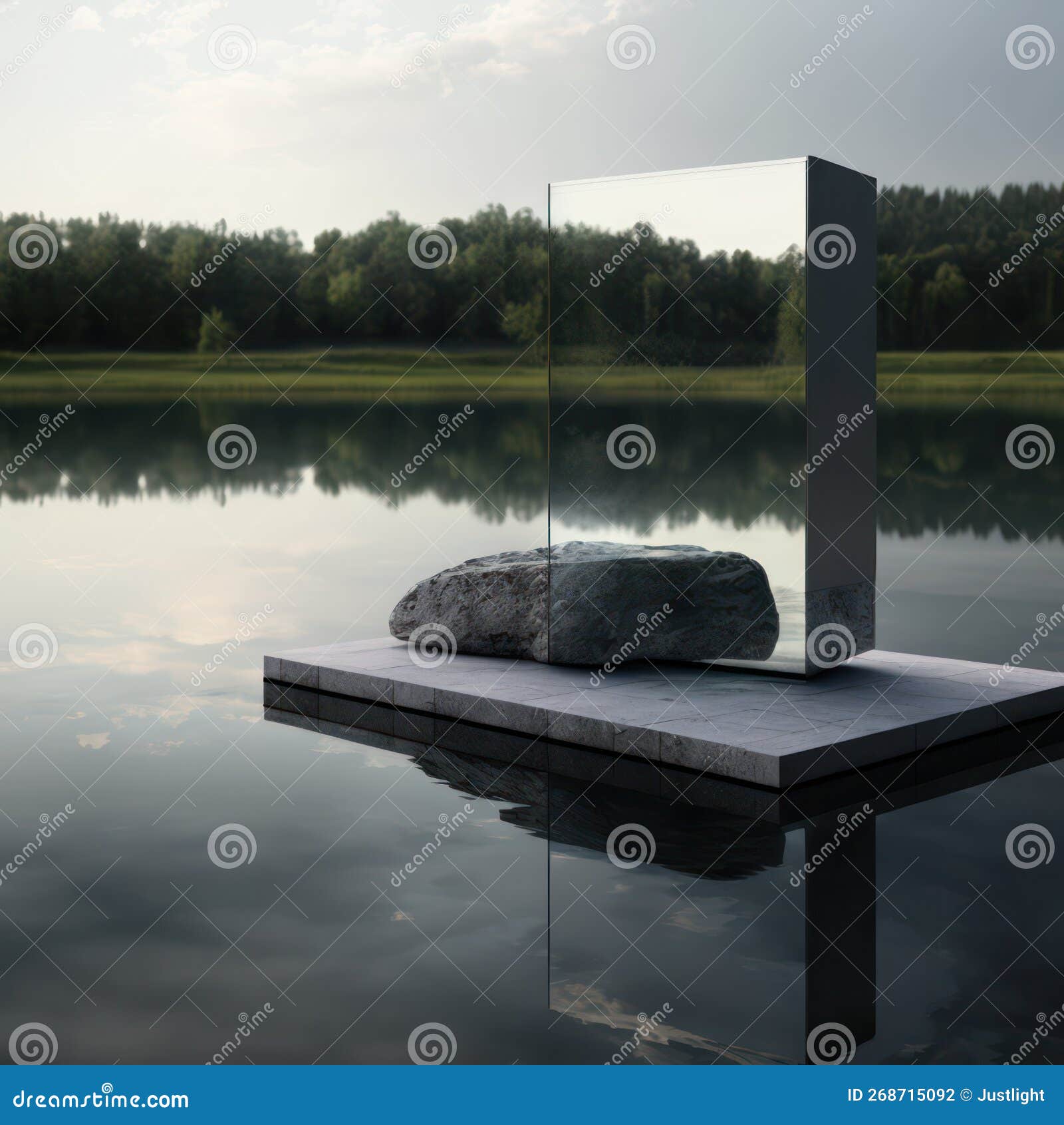 Sleek Glass Podium on a Serene Stone Lake Backdrop AI Generation Stock
