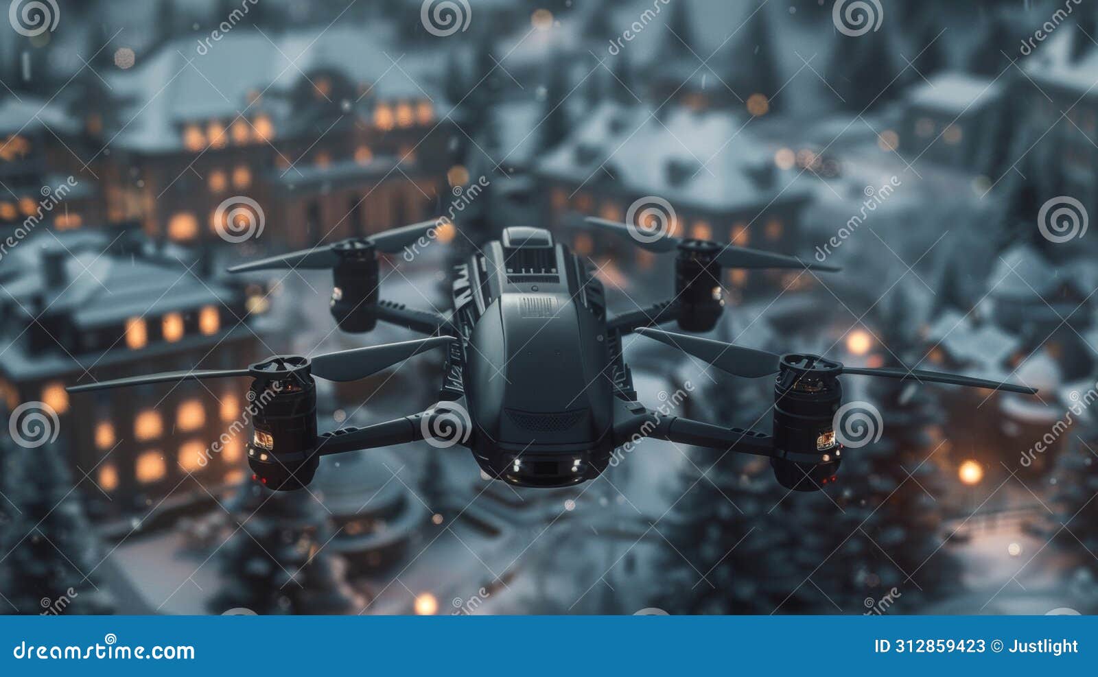 a sleek jetblack drone hovers menacingly over a group of miniature buildings its sensors presumably scanning for any
