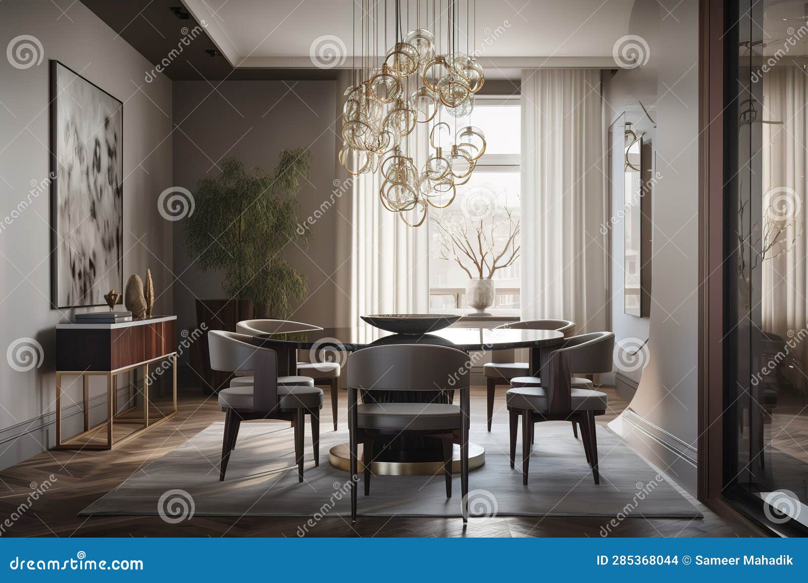 A Sleek and Modern Dining Room, with a Glass Table and Black Chairs