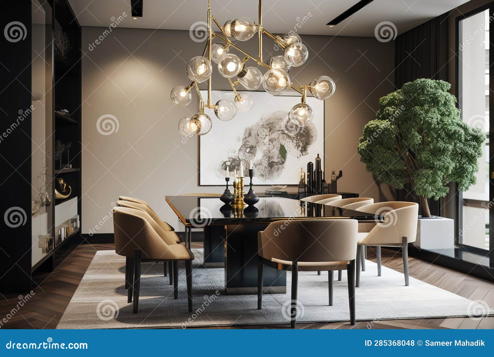A Sleek and Modern Dining Room, with a Glass Table and Black Chairs