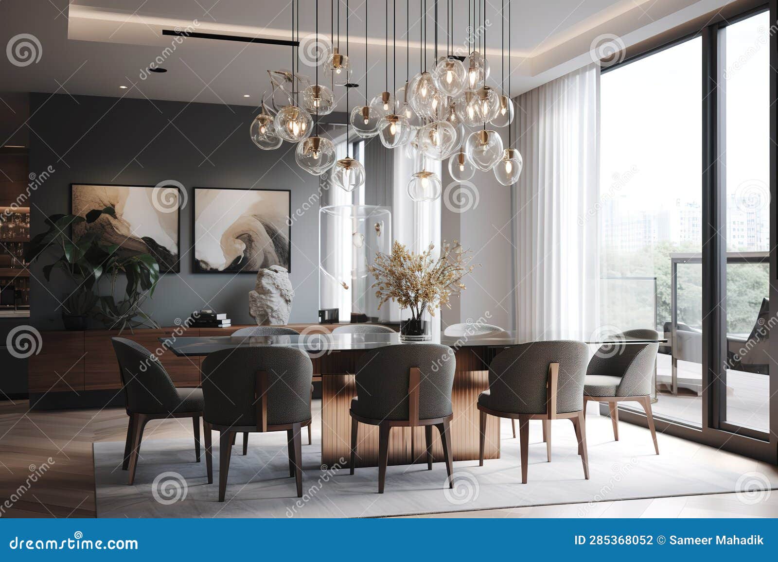 A Sleek and Modern Dining Room, with a Glass Table and Black Chairs