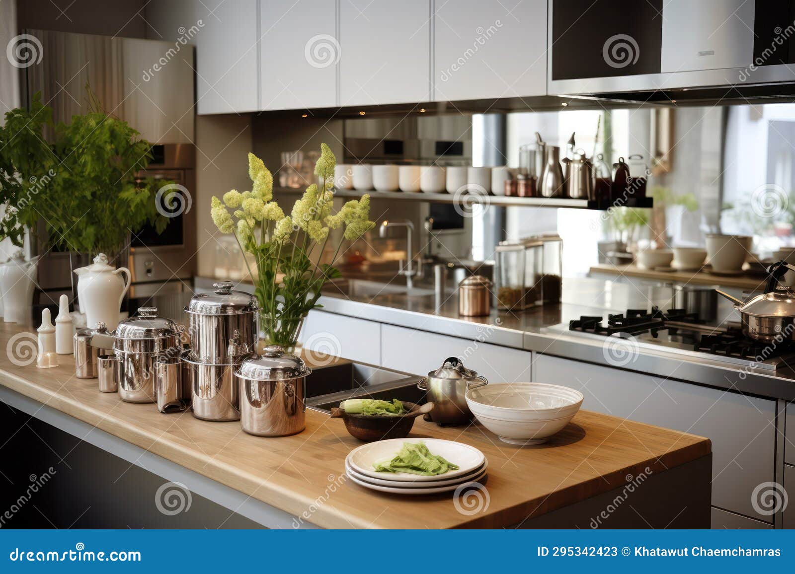 Sleek and Stylish Modern Kitchen Interior with Kitchenware Stock