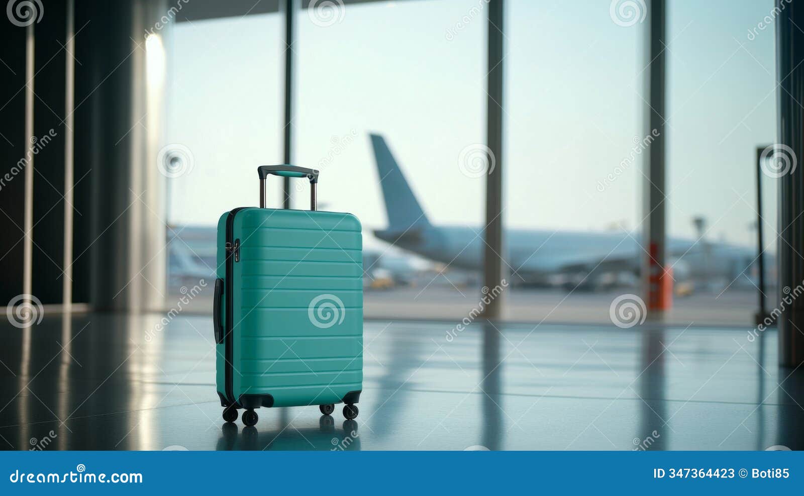 sleek travel suitcase standing in airport terminal with airplanes visible through large windows